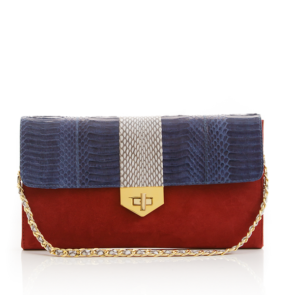 LUV YAH clutch bag with removable strap navy blue cobra and carmin suede