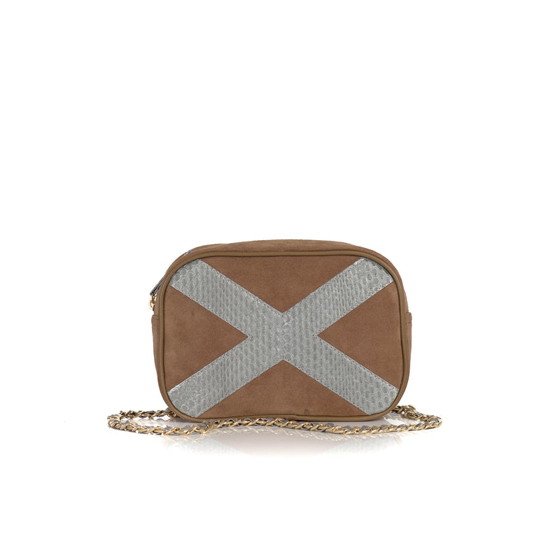 WANTOO, Two-in-one belt and crossbody bag Open Sky and Taupe Suede