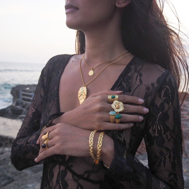 SHANTA mesh ring & malachite cabochon