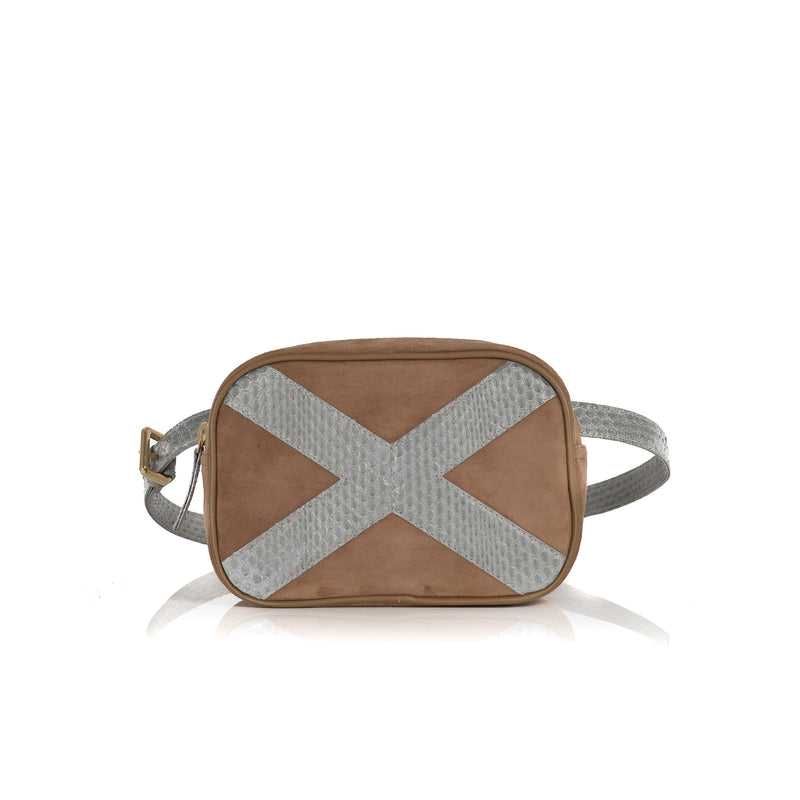 WANTOO, Two-in-one belt and crossbody bag Open Sky and Taupe Suede