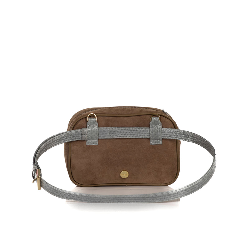 WANTOO, Two-in-one belt and crossbody bag Open Sky and Taupe Suede