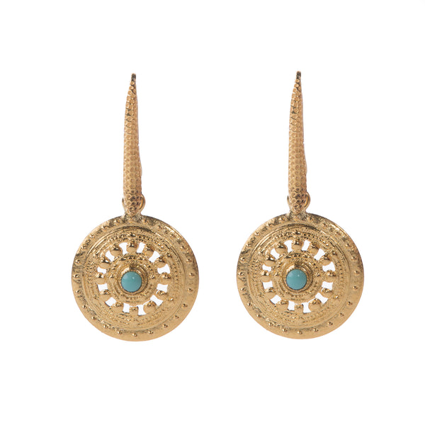 AGAFIA gold circle earrings in turquoise