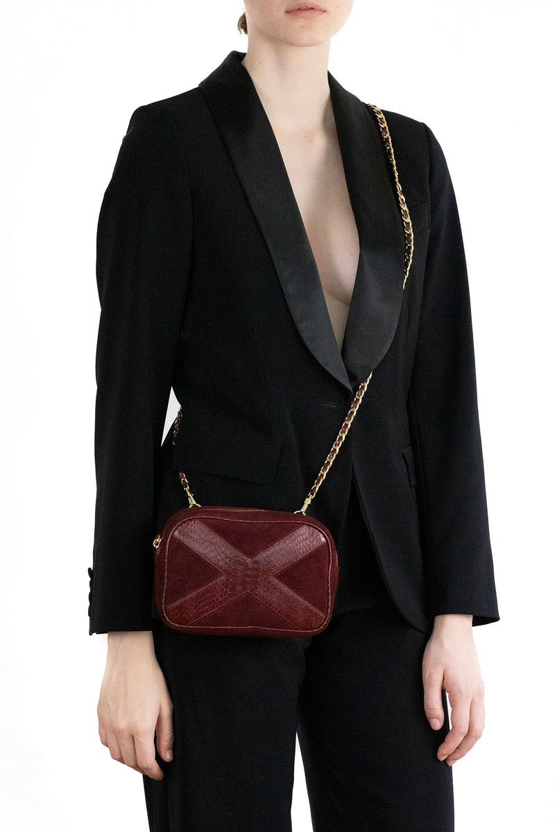 WANTOO, Two-in-one belt and crossbody bag Burgundy cobra and lamb