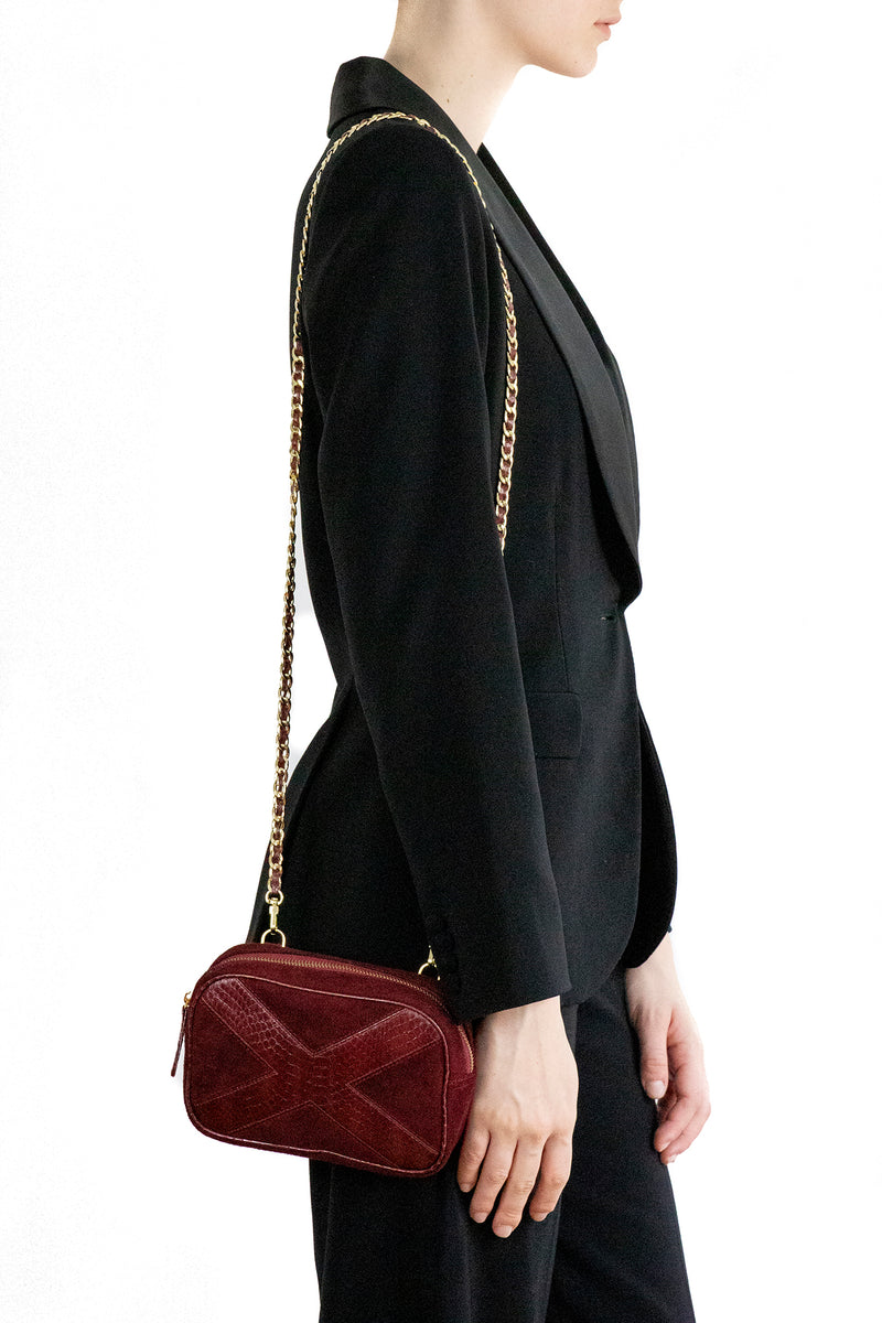 WANTOO, Two-in-one belt and crossbody bag Burgundy cobra and lamb