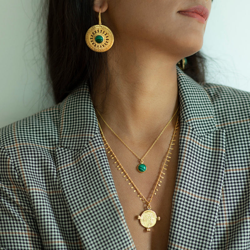 ILONA earrings gold-plated with a malachite cabochon