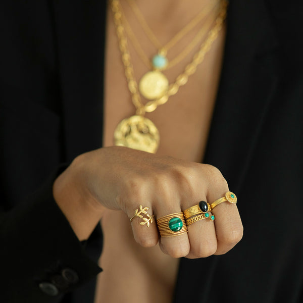 ENEE,  Gold-Plated Ring with a Malachite stone