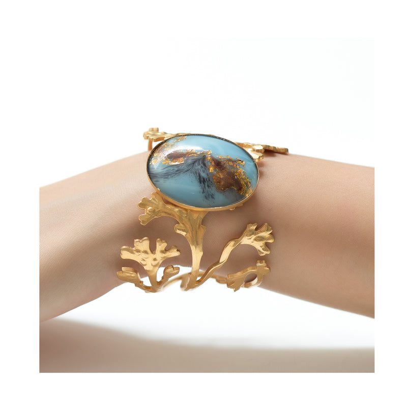 DAPHNE  art deco leaves adjustable bracelet blue Murano cabochon