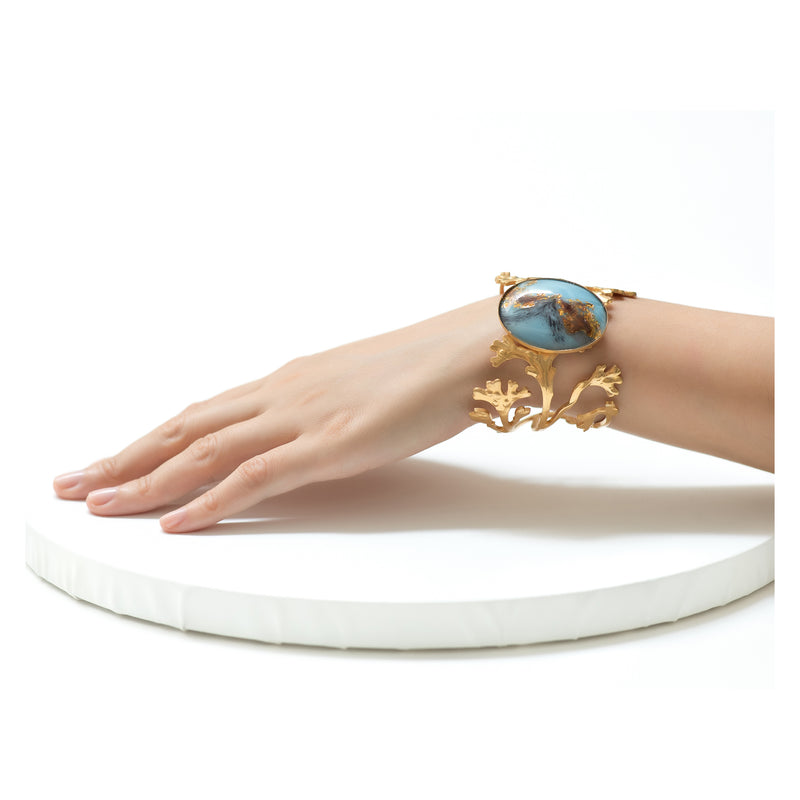 DAPHNE  art deco leaves adjustable bracelet blue Murano cabochon