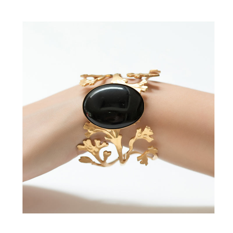 DAPHNE  art deco leaves adjustable bracelet black cabochon