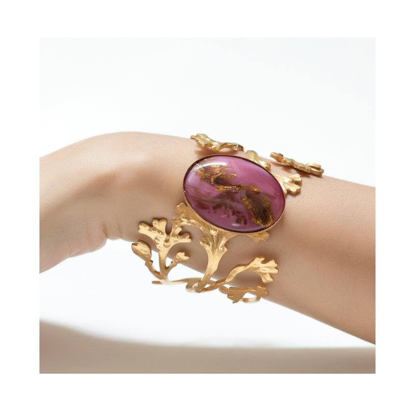 DAPHNE  art deco leaves adjustable bracelet pink Murano cabochon