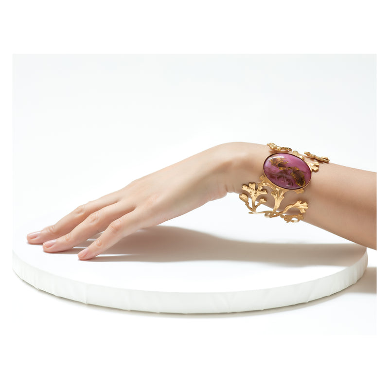 DAPHNE  art deco leaves adjustable bracelet pink Murano cabochon