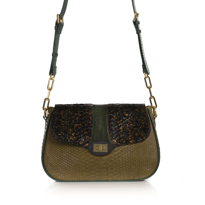 SAKESAK, crossbody-turned-shoulder-bag, Olive green and hand painted