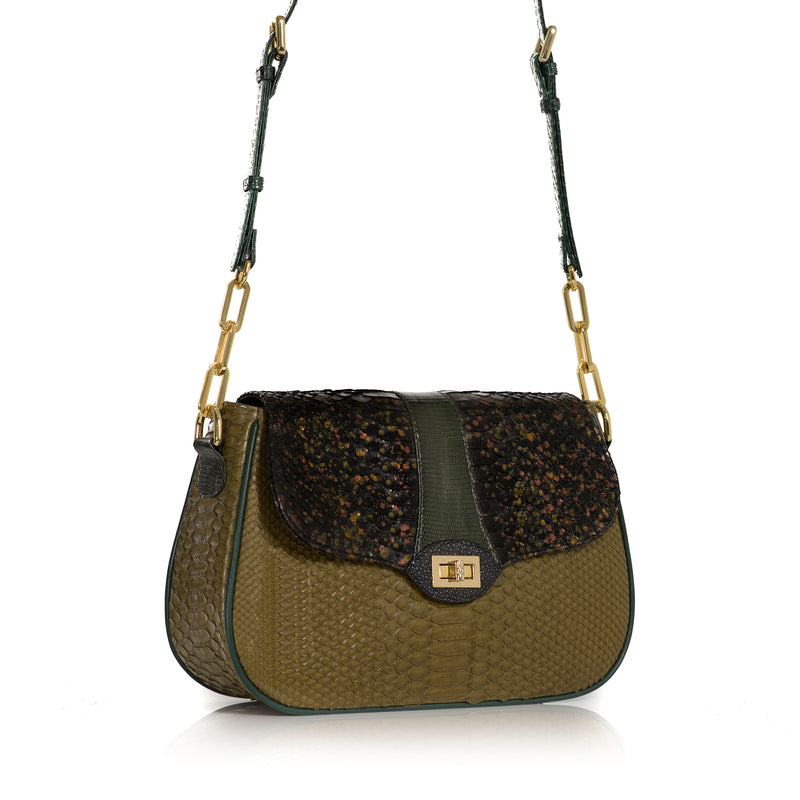 SAKESAK, crossbody-turned-shoulder-bag, Olive green and hand painted