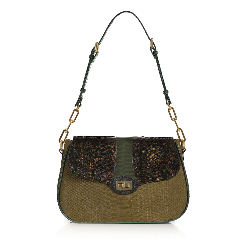 SAKESAK, crossbody-turned-shoulder-bag, Olive green and hand painted