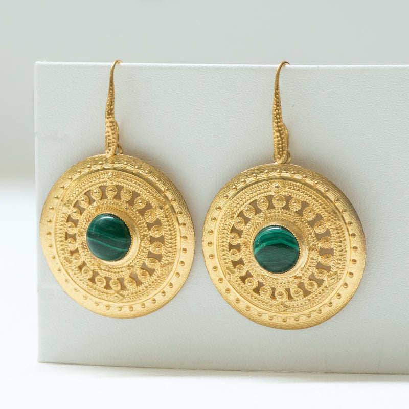 ILONA earrings gold-plated with a malachite cabochon