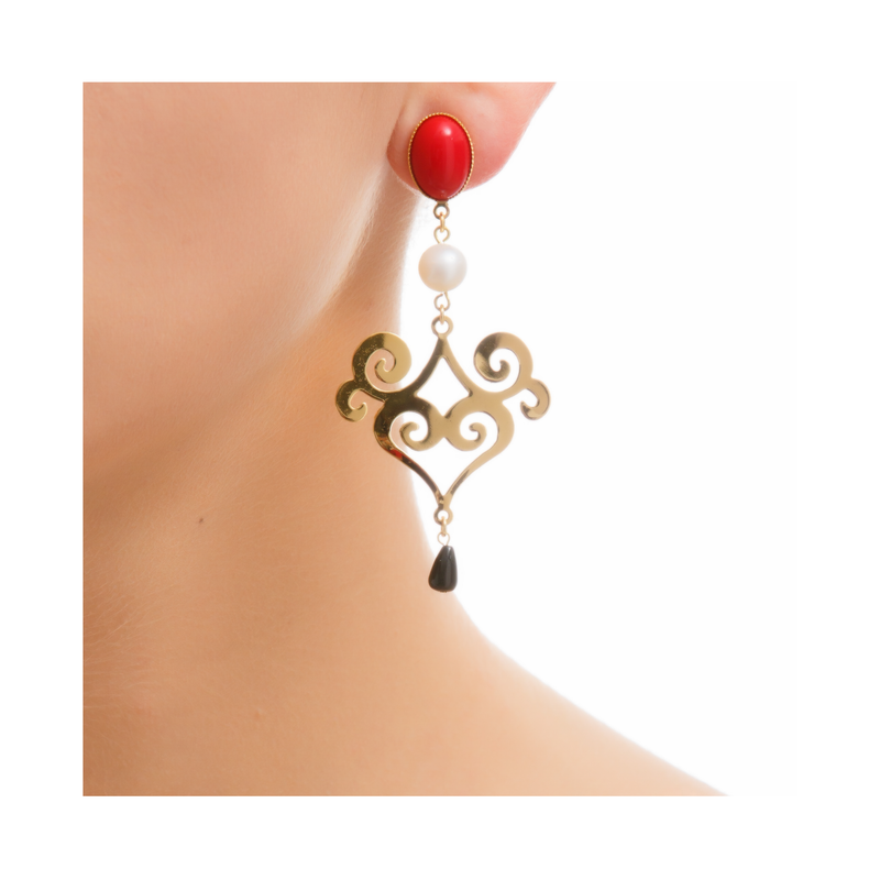 ANA earring gold-plated red pearl and black agate