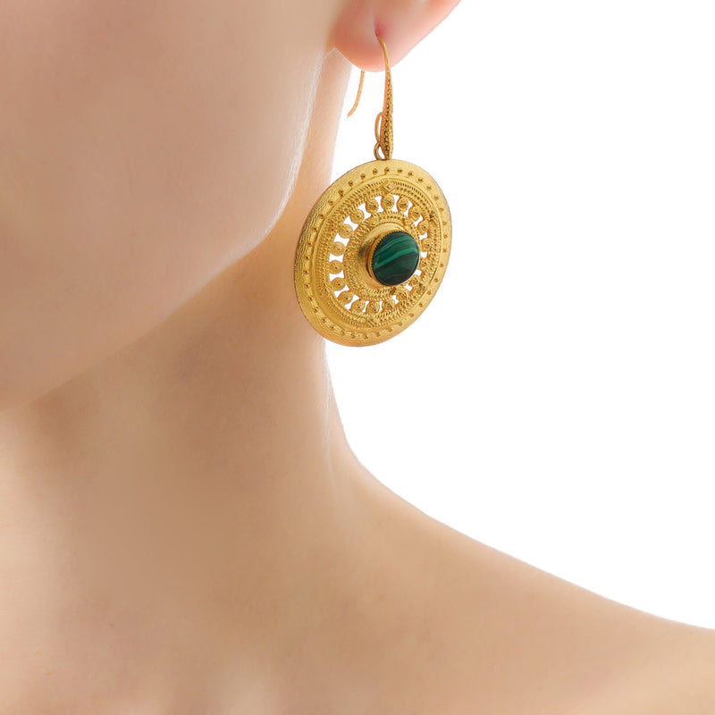 ILONA earrings gold-plated with a malachite cabochon