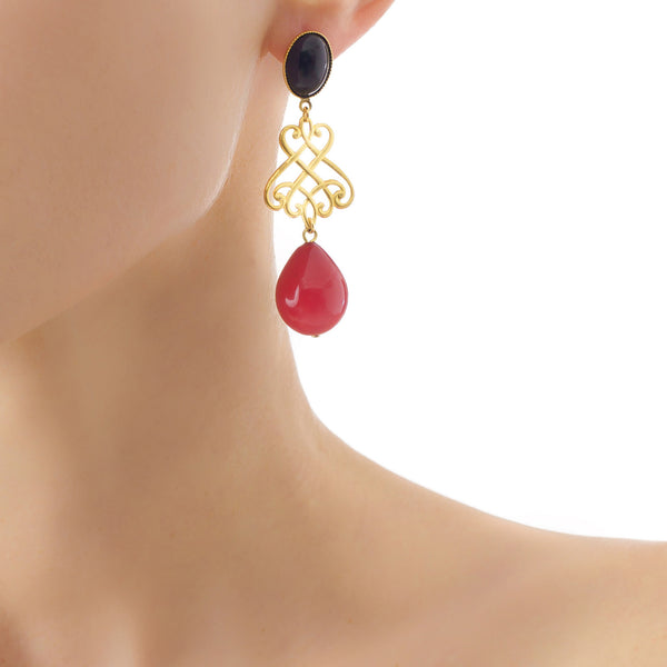LUDIVINE Earrings with Black agate and Red drop