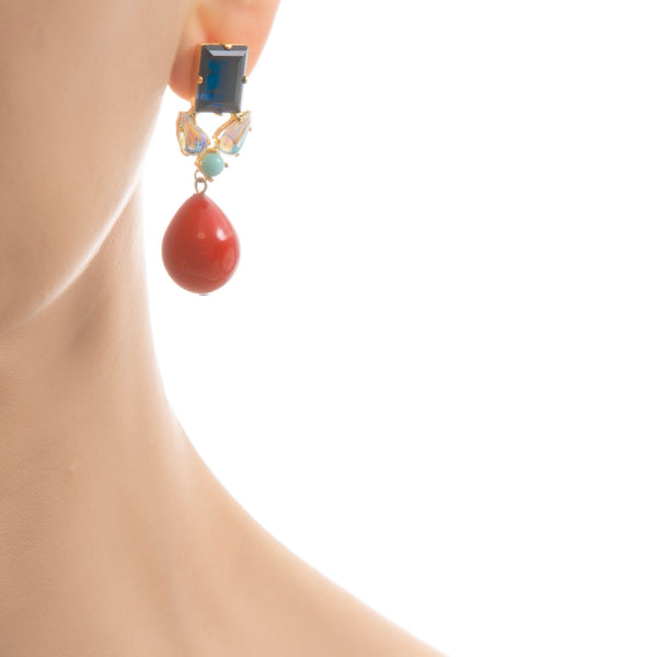 GRACE Earring Square Saphire & Coral
