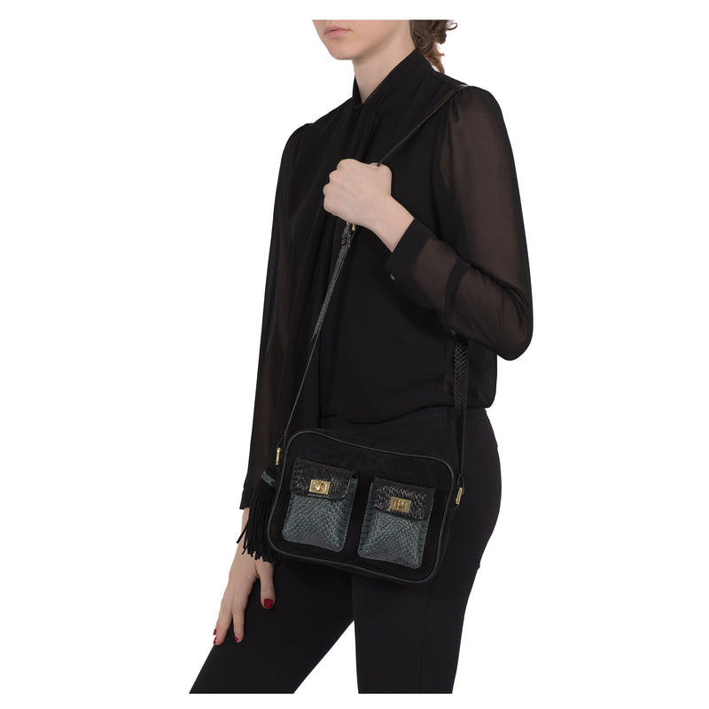 CAMBAG, crossbody bag black cobra and lamb suede