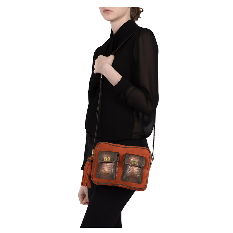 CAMBAG, crossbody bag paprika suede and muddy bronze cobra