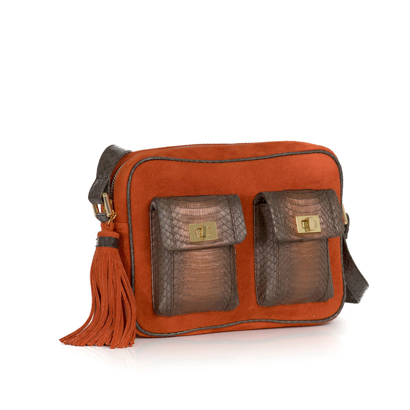 CAMBAG, crossbody bag paprika suede and muddy bronze cobra