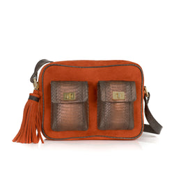 CAMBAG, crossbody bag paprika suede and muddy bronze cobra