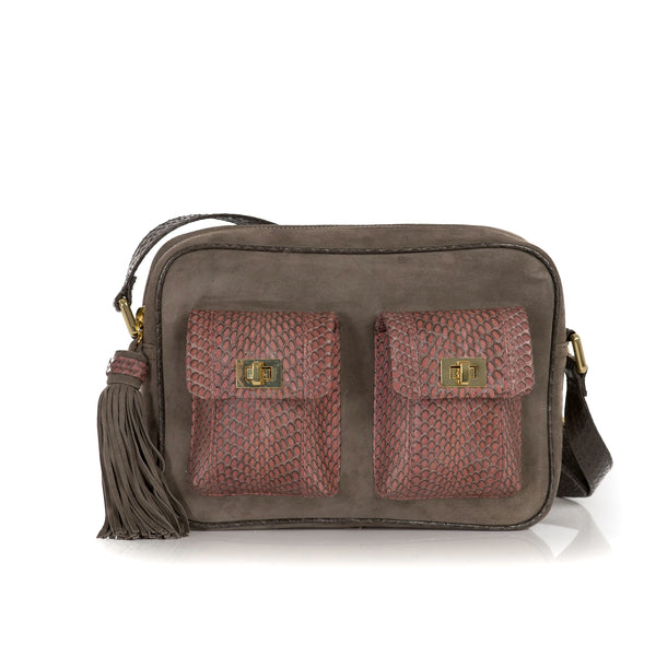 CAMBAG, crossbody bag cognac cobra and mud suede