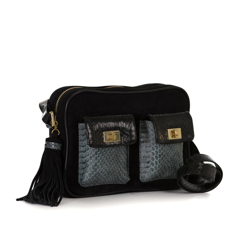 CAMBAG, crossbody bag black cobra and lamb suede