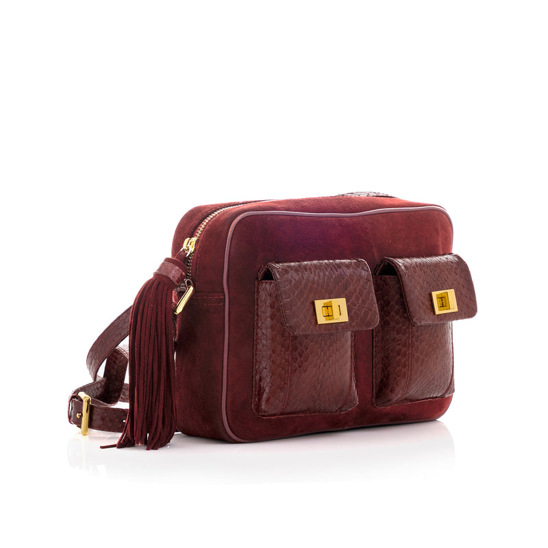 CAMBAG, crossbody bag Burgundy cobra and lamb suede