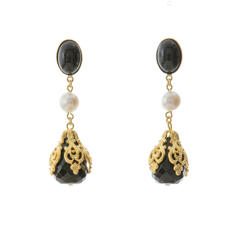 CIRINE earrings with Fresh water pearl and black agate drop