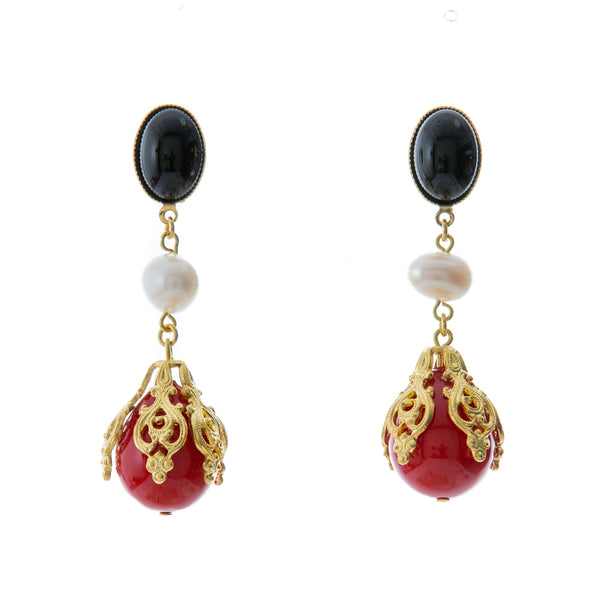 CIRINE earrings with fresh water pearl and red drop