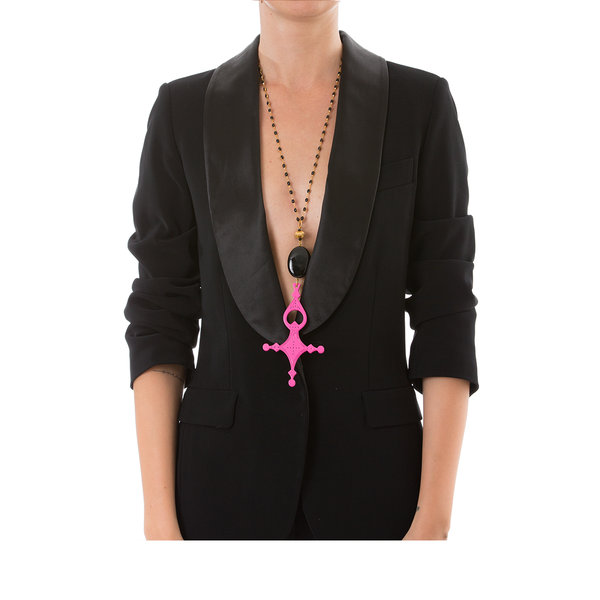DESERT Necklace Black Agate and Pink Cross Lacquered-Horn