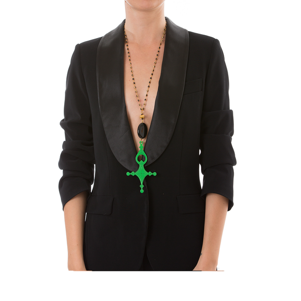 DESERT Necklace Black Agate and Green Cross Lacquered-Horn