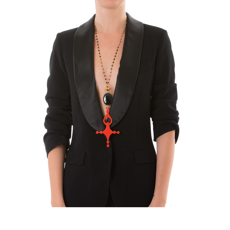 DESERT Necklace Black Agate and Orange Cross Lacquered-Horn