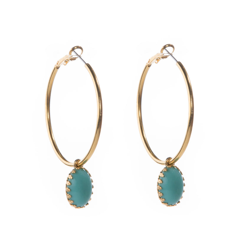 DAMARA Gold Hoops earrings,  cabochon Turquoise