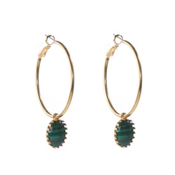 DAMARA Gold Hoops earrings,  cabochon Malachite