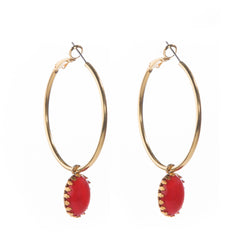 DAMARA Gold Hoops earrings,  cabochon Red