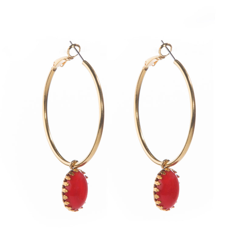 DAMARA Gold Hoops earrings,  cabochon Red