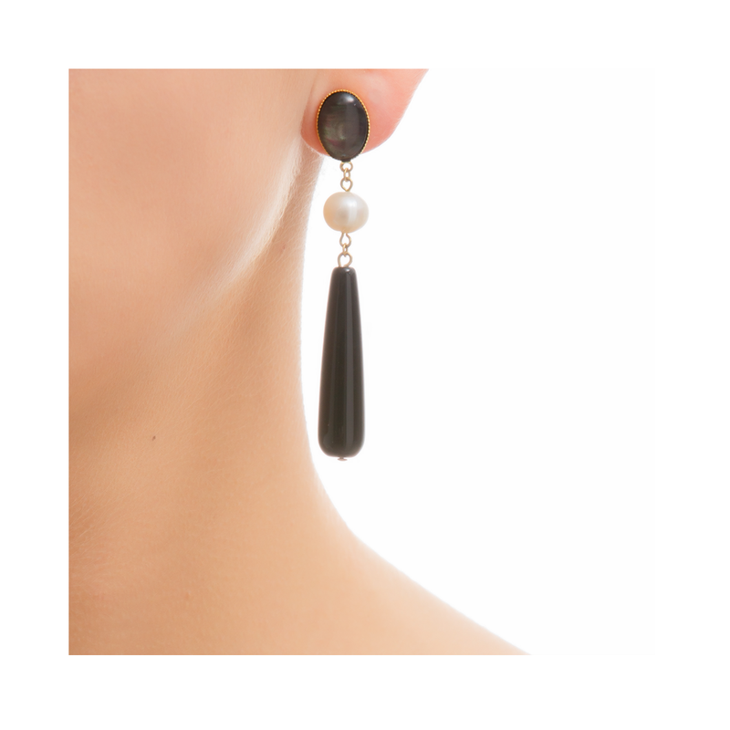 DROPY Earring Gold-Plated Pearl and Black Agate