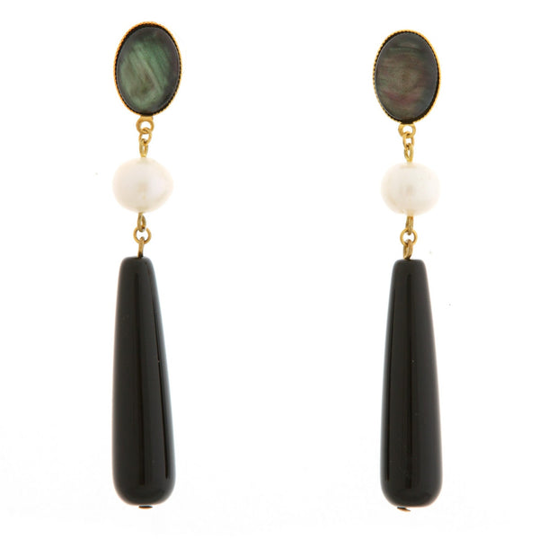 DROPY Earring Gold-Plated Pearl and Black Agate