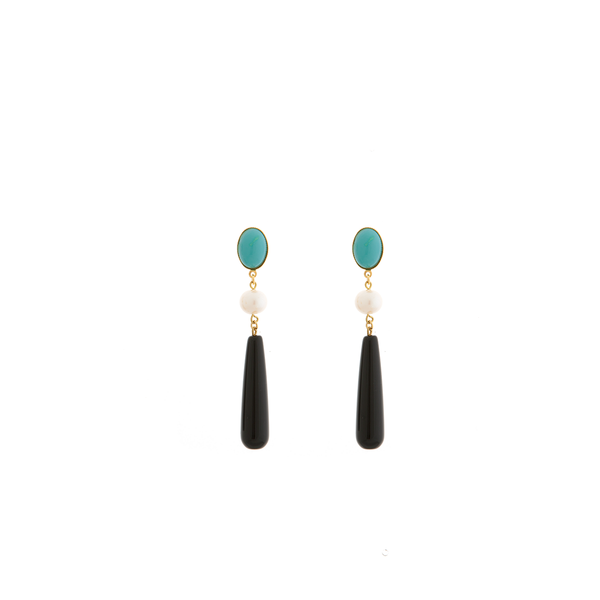 DROPY Earring Gold-Plated Turquoise and Black Agate and Pearl