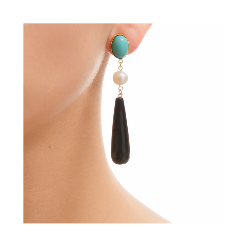 DROPY Earring Gold-Plated Turquoise and Black Agate and Pearl