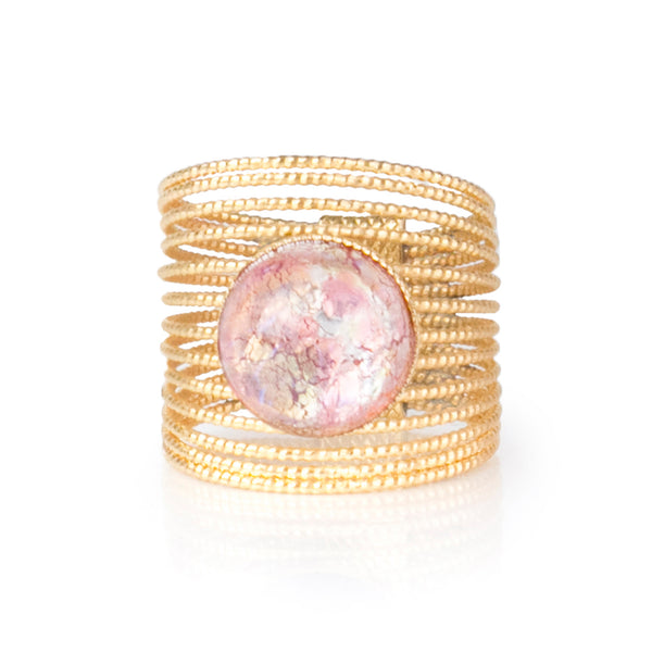 ENEE Gold-Plated Ring & Hand Painted Pink Cabochon