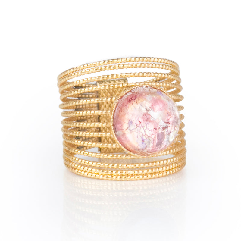 ENEE Gold-Plated Ring & Hand Painted Pink Cabochon