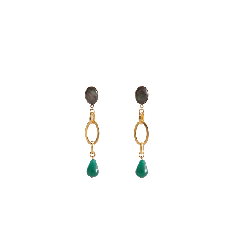 EVA Earring Gold-Plated Grey and Green Agate