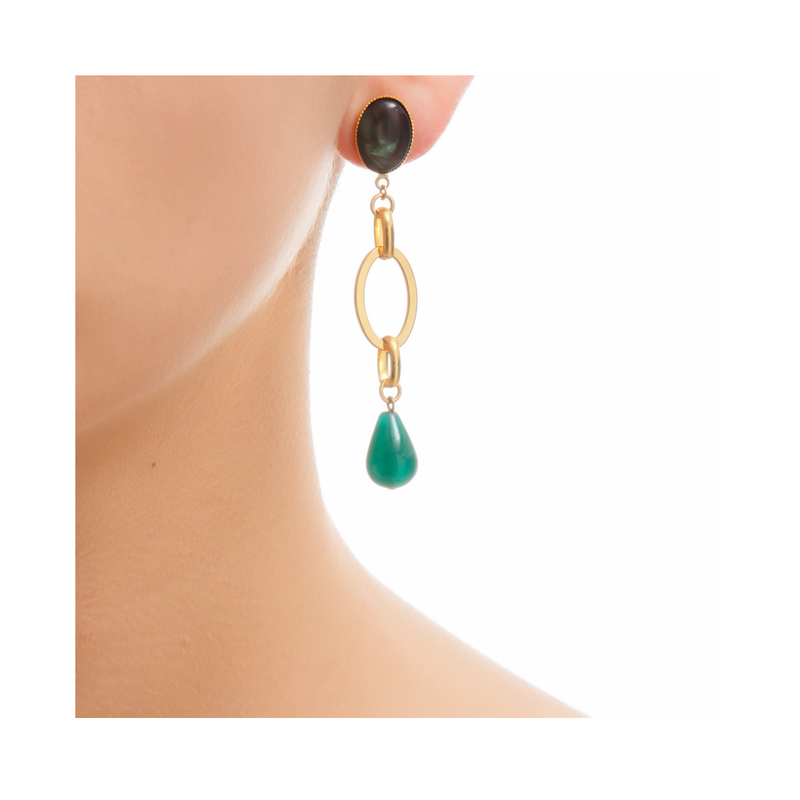 EVA Earring Gold-Plated Grey and Green Agate