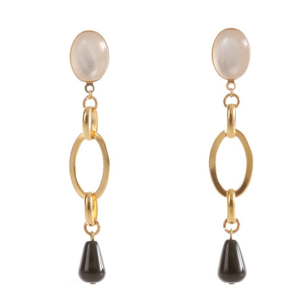 EVA Earring Gold-Plated Pearl and Black Agate