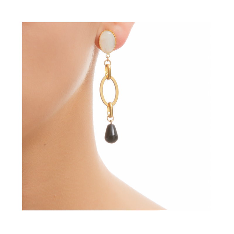 EVA Earring Gold-Plated Pearl and Black Agate