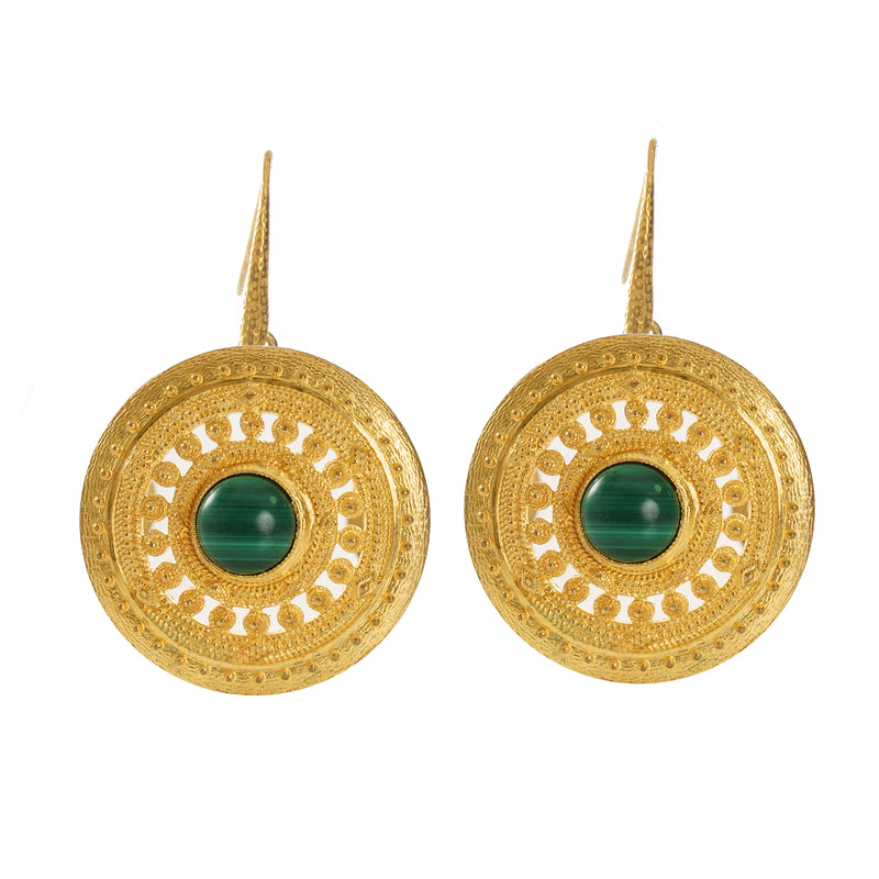 ILONA earrings gold-plated with a malachite cabochon
